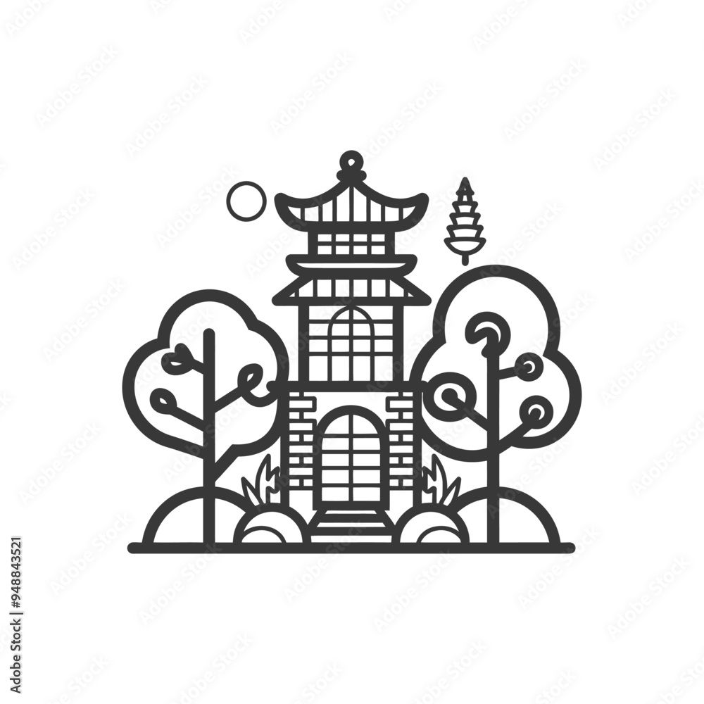 Fototapeta premium Traditional Asian Pagoda Structure in a Garden Setting