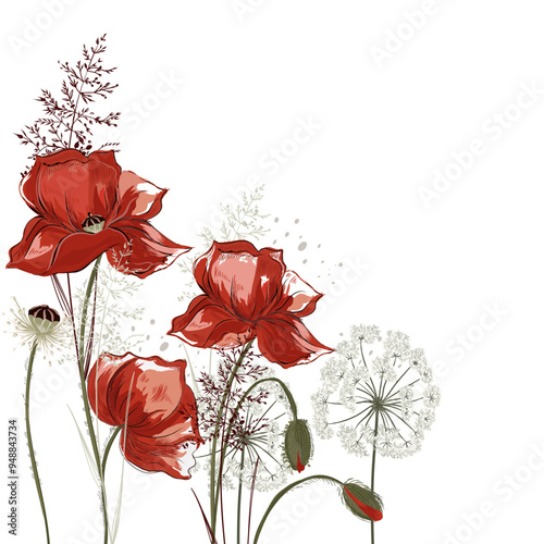 Beautiful floral illustration vector red poppy flowers, watercolor style