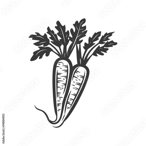 Two Black and White Carrots with Greens