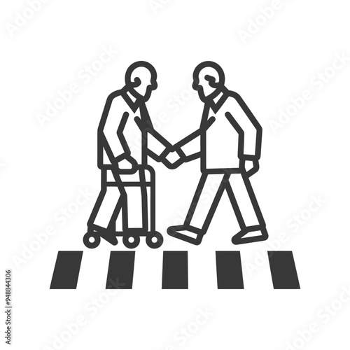 Two Elderly People Crossing a Crosswalk Holding Hands One Using a Walker