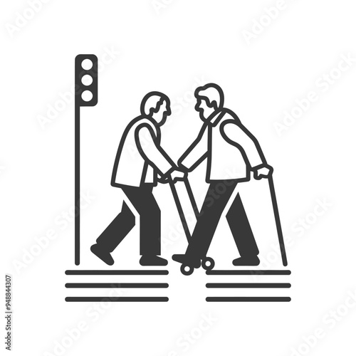 Two Elderly Men Walking Across a Crosswalk with a Traffic Light