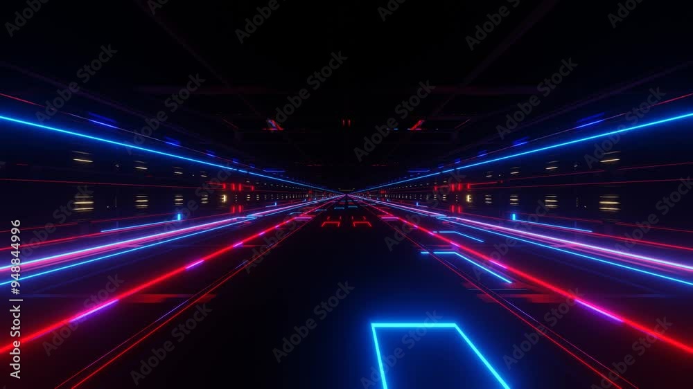 endless forward movement through a dark tunnel with flashing red and blue lights. 3d render looped animation