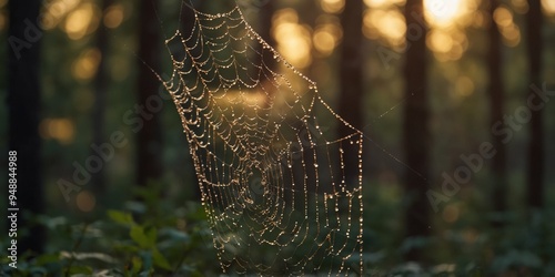 Golden sunrise through delicate spiderweb in forest.