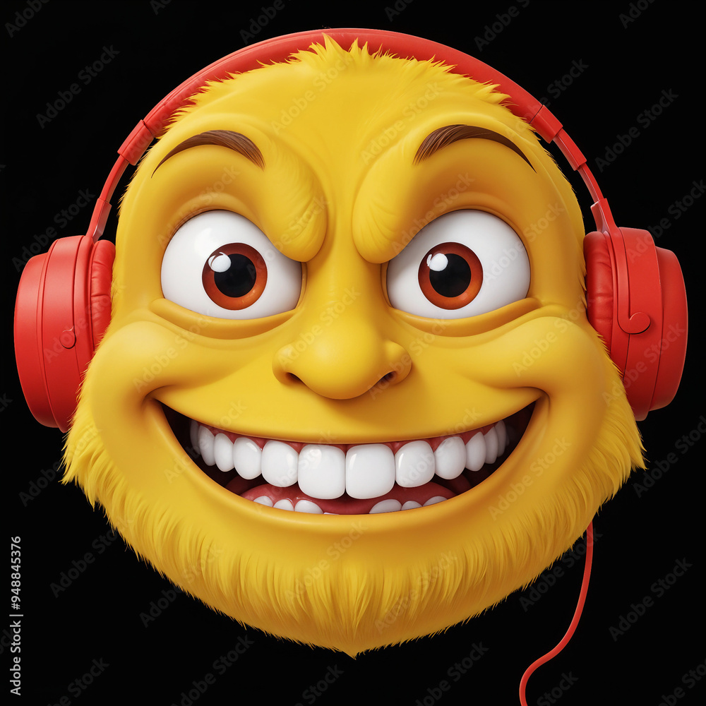 A yellow, cartoonish character with large eyes , a wide grin , and red headphones.