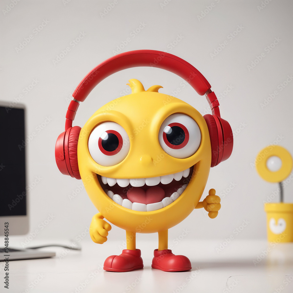 A yellow cartoon character with large eyes and a big smile wearing red headphones , standing on a desk with a computer monitor in the background