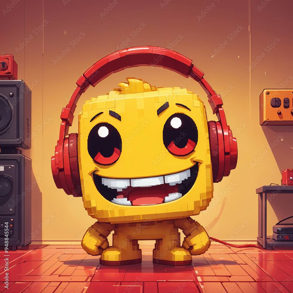 A yellow cartoon character with large eyes and a big smile wearing red headphones in a room with speakers and other audio equipment