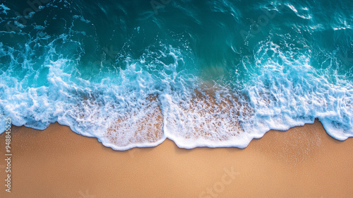 blue ocean wave rolling onto a pristine sandy beach, capturing the serene beauty of nature's simplicity and peaceful escap