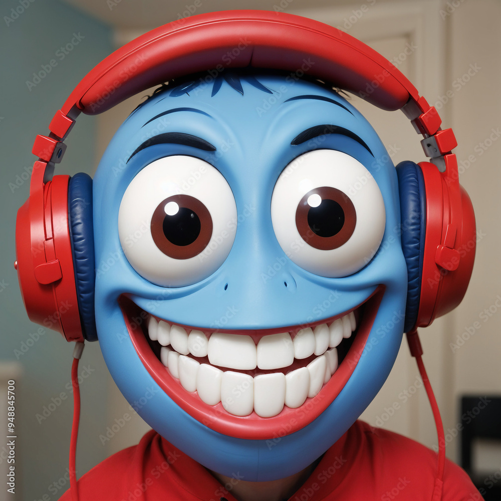 A blue, cartoonish character with large eyes , a wide grin , and red headphones.