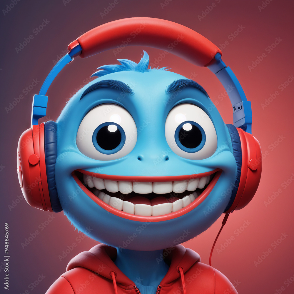 A blue, cartoonish character with large eyes , a wide grin , and red headphones.