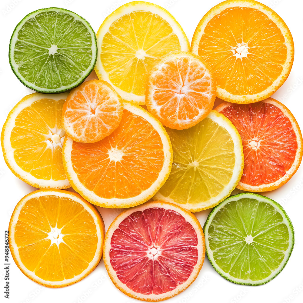 Obraz premium A colorful arrangement of round citrus slices isolated on a transparent background, showcasing their vibrant colors and juicy textures.