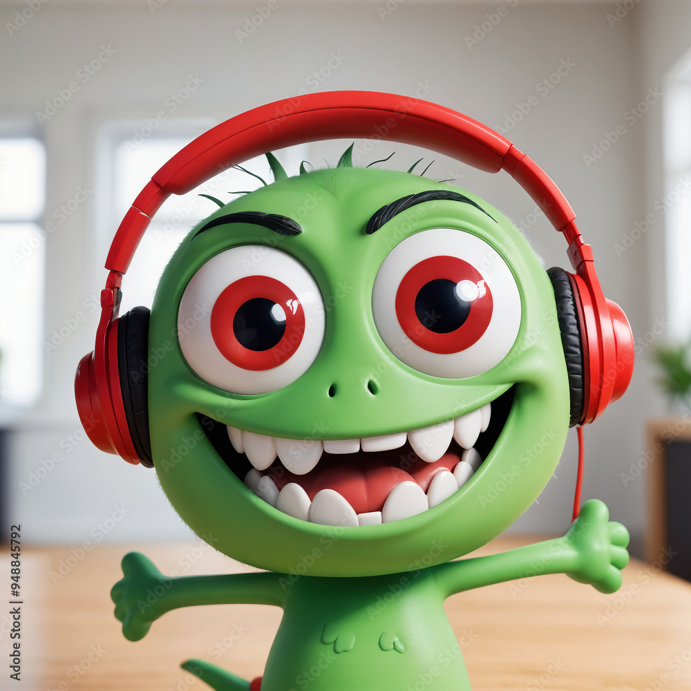 A green, cartoonish character with large eyes , a wide grin , and red headphones.