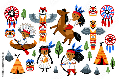 Set of American Indians in national costume - headdress made of feathers. Bright color vector illustration isolated on a white background. Native Americans. Totem, wigwam