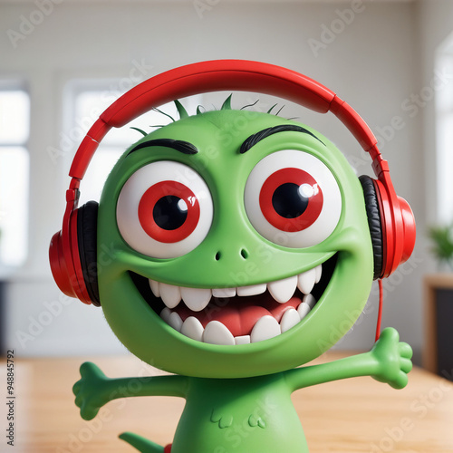 Obraz na płótnie A green, cartoonish character with large eyes , a wide grin , and red headphones. w salonie