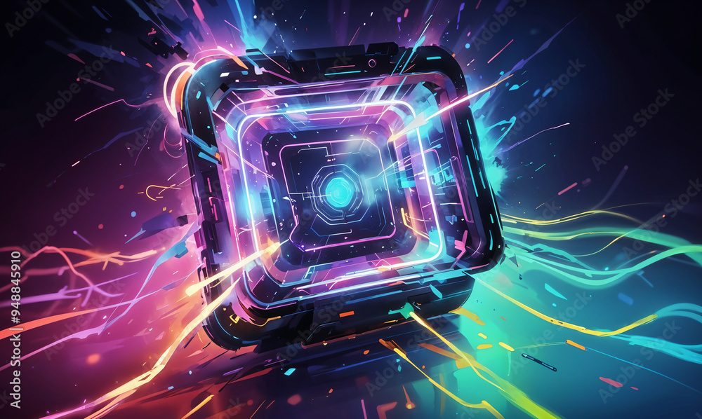A futuristic, glowing cube-shaped object with neon lights and energy beams emanating from it