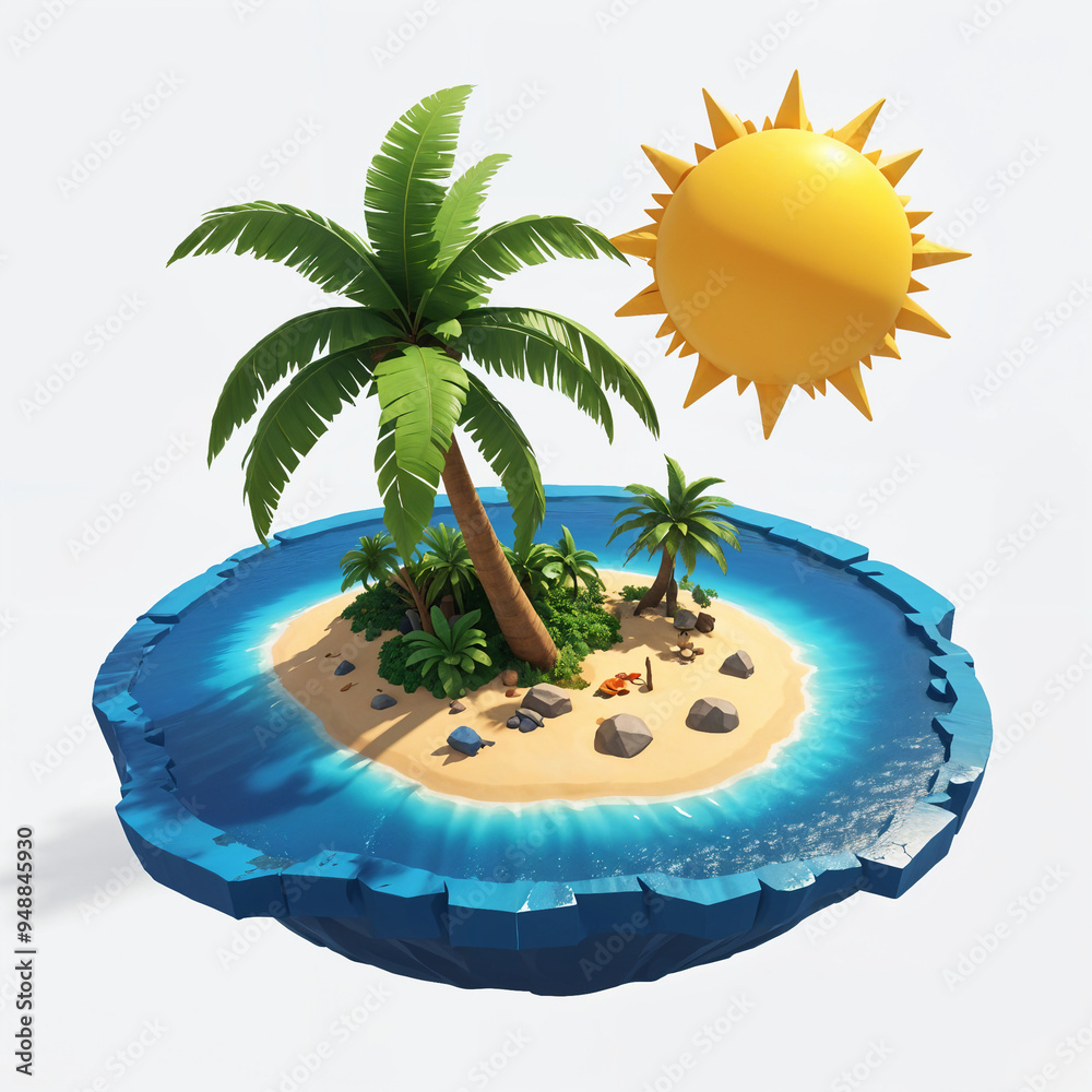 A tropical island with a palm tree surrounded by a blue ocean and a bright sun
