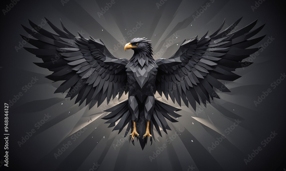 A majestic black eagle with large wings spread out, its beak open and talons extended, against a dark background with rays of light emanating from behind