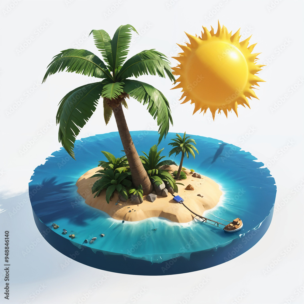 A tropical island with a palm tree surrounded by a blue ocean and a bright sun