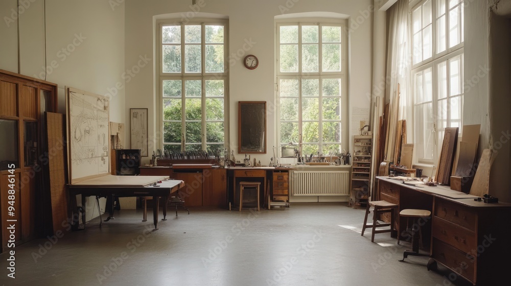 Fototapeta premium Sunlit Artist's Studio Interior with Wooden Workbench.