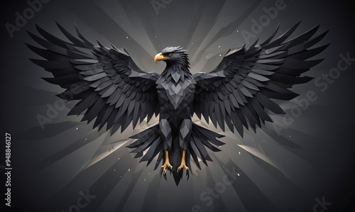 Obraz na płótnie A majestic black eagle with large wings spread out, its beak open and talons extended, against a dark background with rays of light emanating from behind w salonie