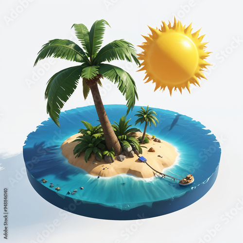 Obraz na płótnie A tropical island with a palm tree surrounded by a blue ocean and a bright sun w salonie