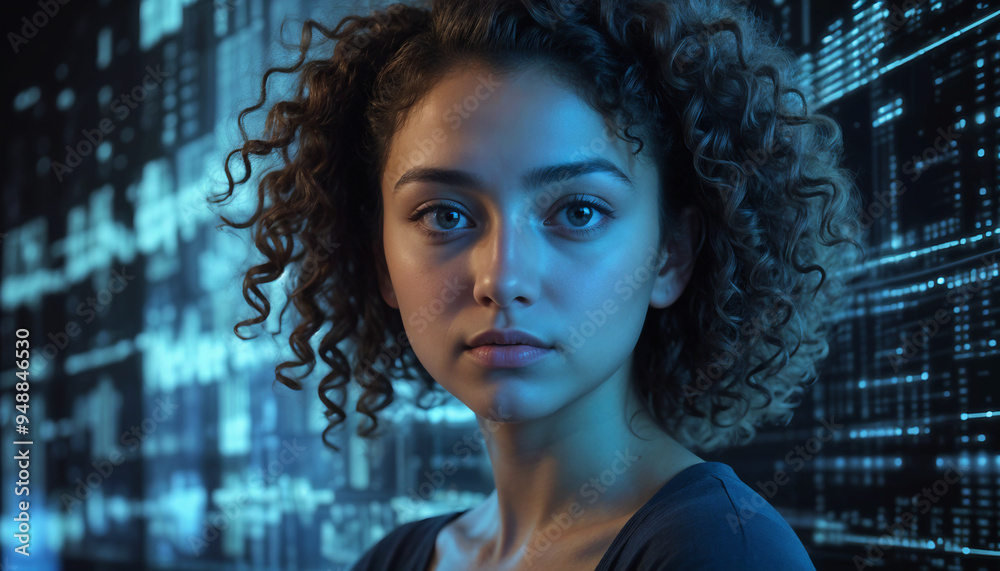 A young female immersed in a high-tech setting, with glowing screens and interactive technology, reflecting the seamless integration of the digital world.