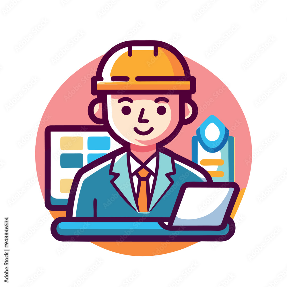 Cartoon engineer working at desk with laptop and project blueprints Cartoon engineer working at desk with laptop and project blueprints