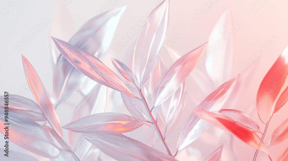 Fototapeta premium A crystal texture, translucent glass leaves branch on a soft gradient background. Concept of elegance and fragility