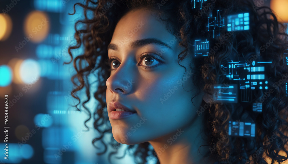 A young female immersed in a futuristic technology environment, surrounded by holographic displays and digital interfaces, representing innovation and modernity