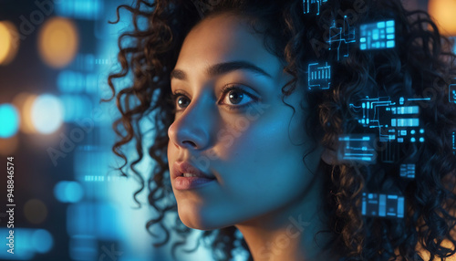 Obraz na płótnie A young female immersed in a futuristic technology environment, surrounded by holographic displays and digital interfaces, representing innovation and modernity w salonie