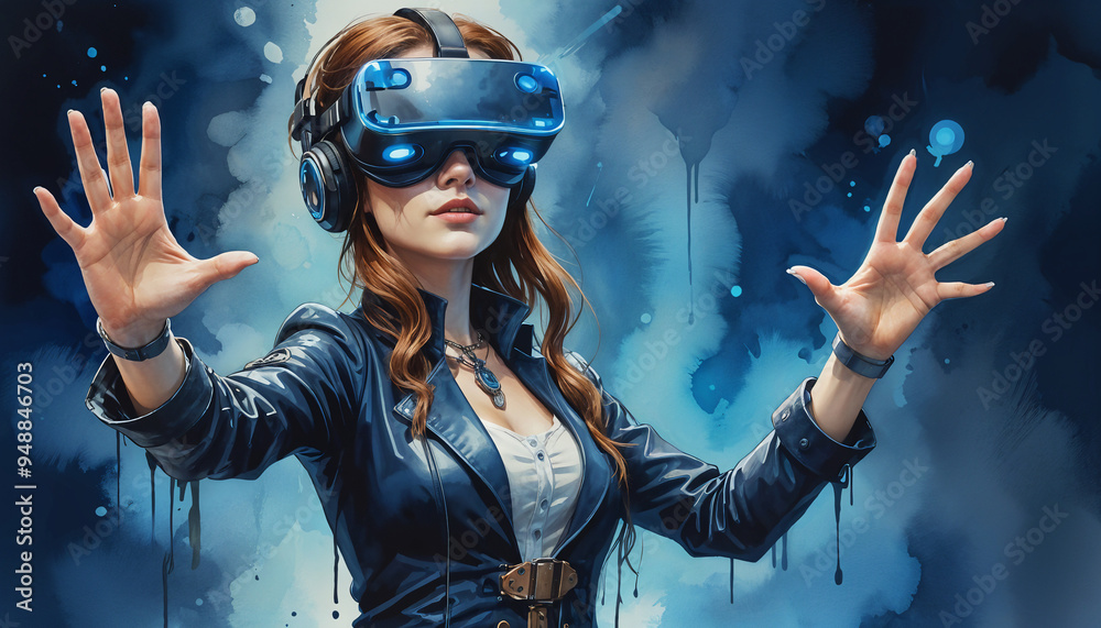 A young woman with long red hair wearing a virtual reality headset and headphones , gesturing with her hands in a futuristic, blue-tinted environment