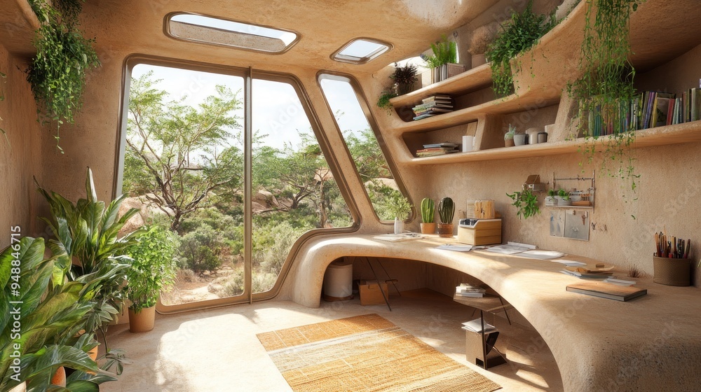 Fototapeta premium A bright and airy home office with a curved desk, shelves, and a large window looking out onto a lush forest.