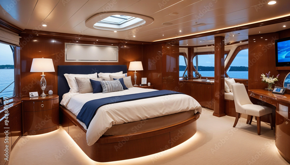 A luxurious bedroom on a yacht with a large bed , wooden furniture.