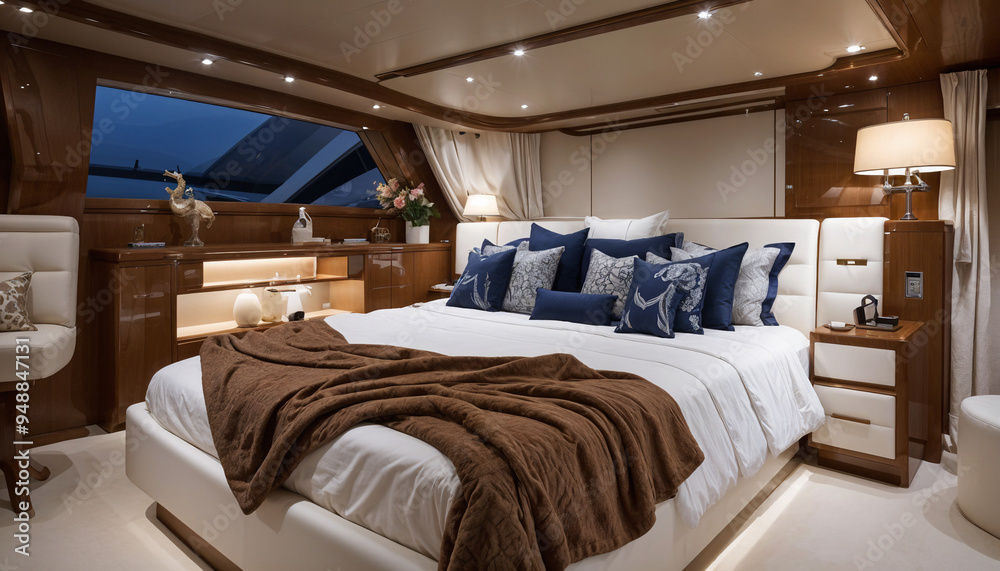 A luxurious bedroom on a yacht with a large bed , wooden furniture.