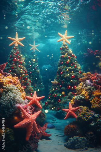 An enchanting underwater Christmas scene with coral reefs shaped like Christmas trees, decorated with lights and ornaments, surrounded by colorful marine life in a vibrant, magical setting.