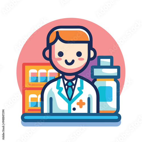 Cartoon pharmacist character with medicine bottles for healthcare and pharmaceutical design
