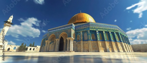The Dome of the Rock under a clear blue sky in a historic architectural setting