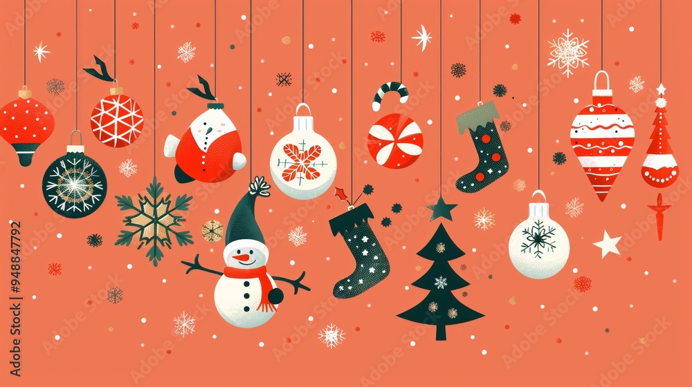 Naklejka premium hanging christmas icons and new year greetings 