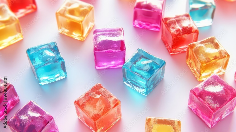 Colorful candy cubes scattered on a white surface, showcasing vibrant shades and translucence, perfect for illustrating sweetness and fun. Colorful candy cubes scattered on a white surface, showcasing vibrant shades and translucence, perfect for illustrating sweetness and fun.