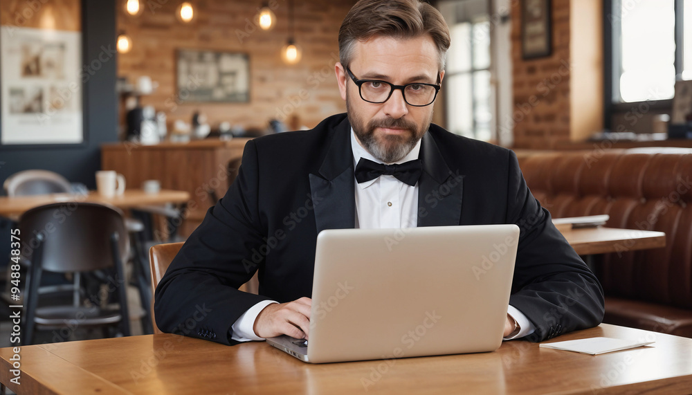 businessman working on laptop in coffee shop space