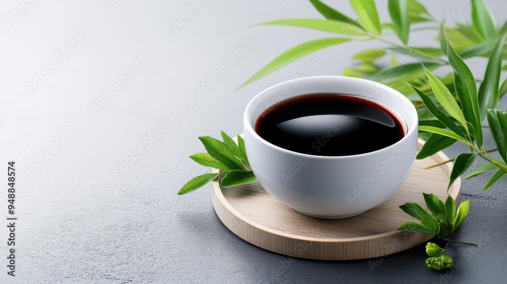 A white cup filled with dark soy sauce placed on a wooden coaster, surrounded by green leaves, on a gray background. A white cup filled with dark soy sauce placed on a wooden coaster, surrounded by green leaves, on a gray background.