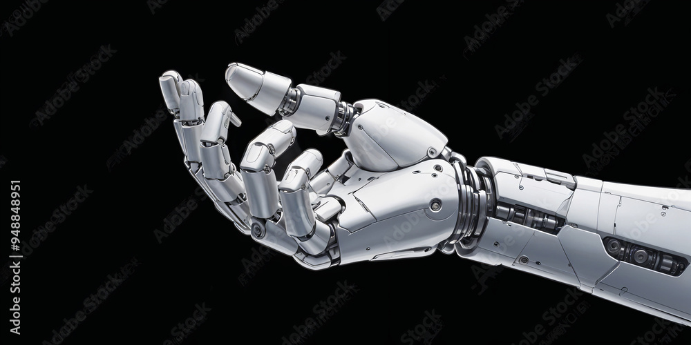 A close-up view of a robotic hand made of metal and mechanical components