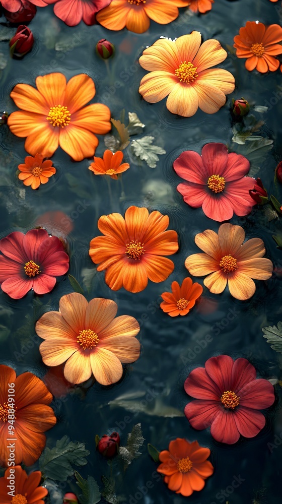 Image shows an assortment of vibrant orange and red flowers floating serenely on the surface of dark, rippling water Image shows an assortment of vibrant orange and red flowers floating serenely on the surface of dark, rippling water