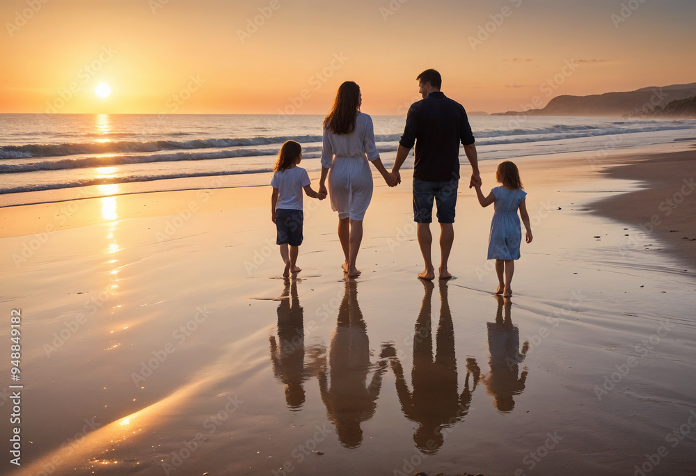 A family walking on the beach at sunset , against the orange sky and reflected in the wet sand