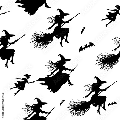 A whimsical pattern featuring black silhouettes of witches on broomsticks against a white background, perfect for capturing the enchanting and spooky essence of Halloween.