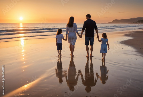 A family walking on the beach at sunset ,  against the orange sky and reflected in the wet sand 