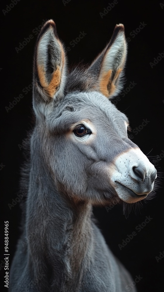 Fototapeta premium Close-up of a young donkey with prominent ears and a calm expression, set against a dark background