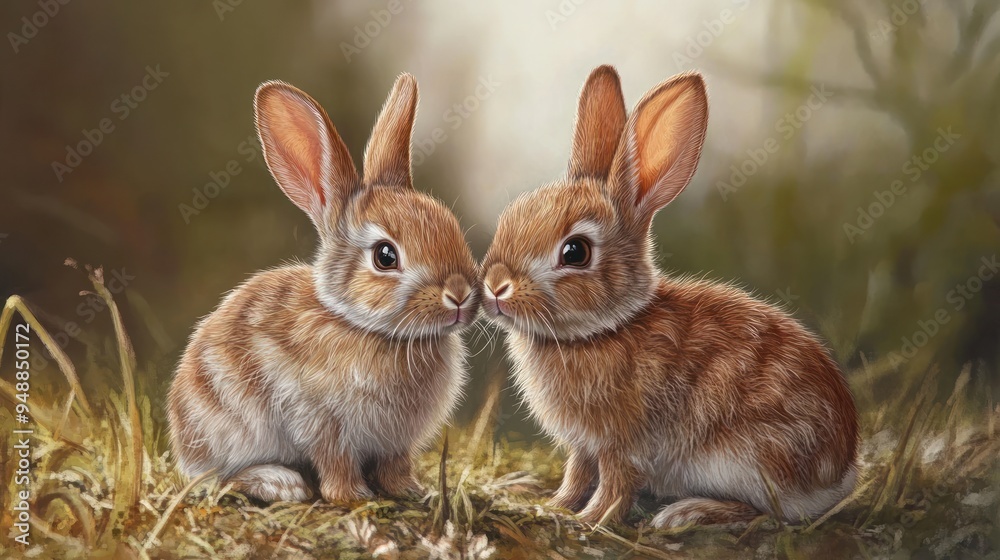 Two Cute Rabbits Snuggling in a Forest Two Cute Rabbits Snuggling in a Forest
