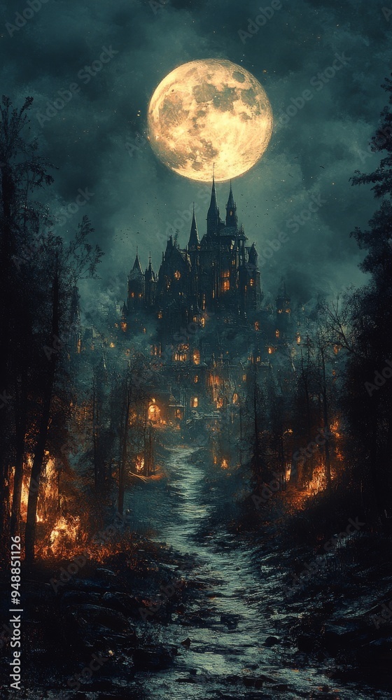 Fototapeta premium Towering medieval castle illuminated by glowing lights stands beneath a large, full moon in a dark, eerie forest setting