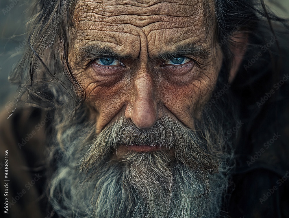 Portrait of an old man with deep wrinkles and a powerful, thoughtful gaze Portrait of an old man with deep wrinkles and a powerful, thoughtful gaze