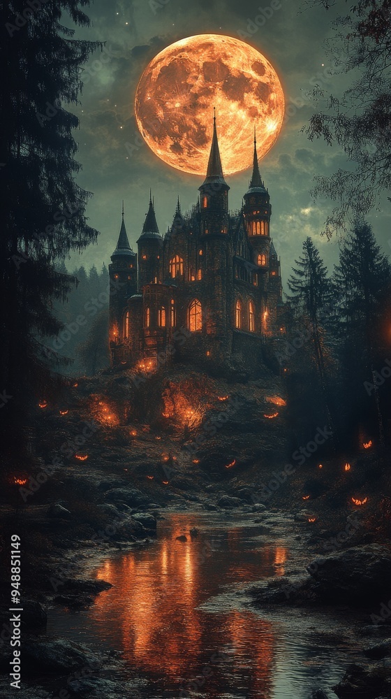 Gothic castle illuminated by a glowing full moon overlooks a river, surrounded by eerie pumpkin lanterns and dark, forested scenery Gothic castle illuminated by a glowing full moon overlooks a river, surrounded by eerie pumpkin lanterns and dark, forested scenery
